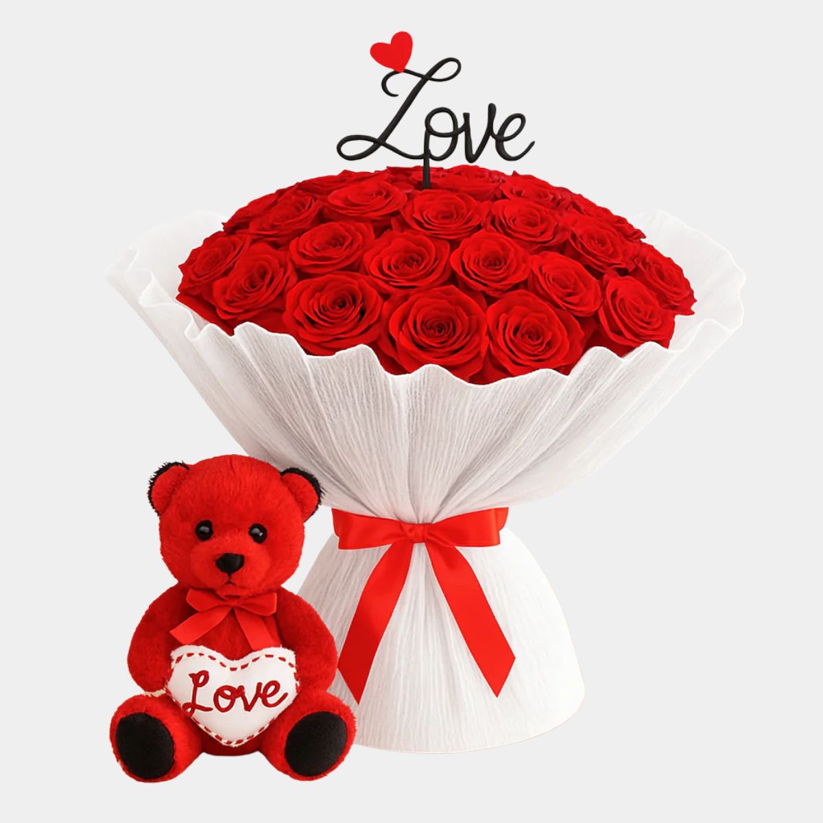 100 Red Roses Bouquet with Cute Teddy Bear Gift