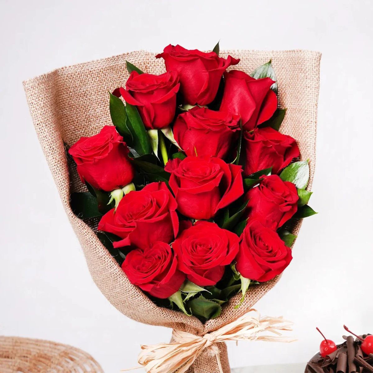 12 Red Roses Bouquet And Black Forest Cake