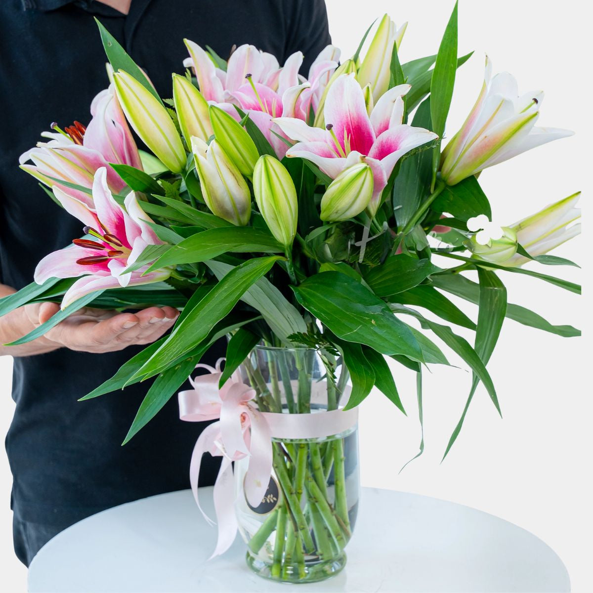 15 Pink Lilies in Glass Vase
