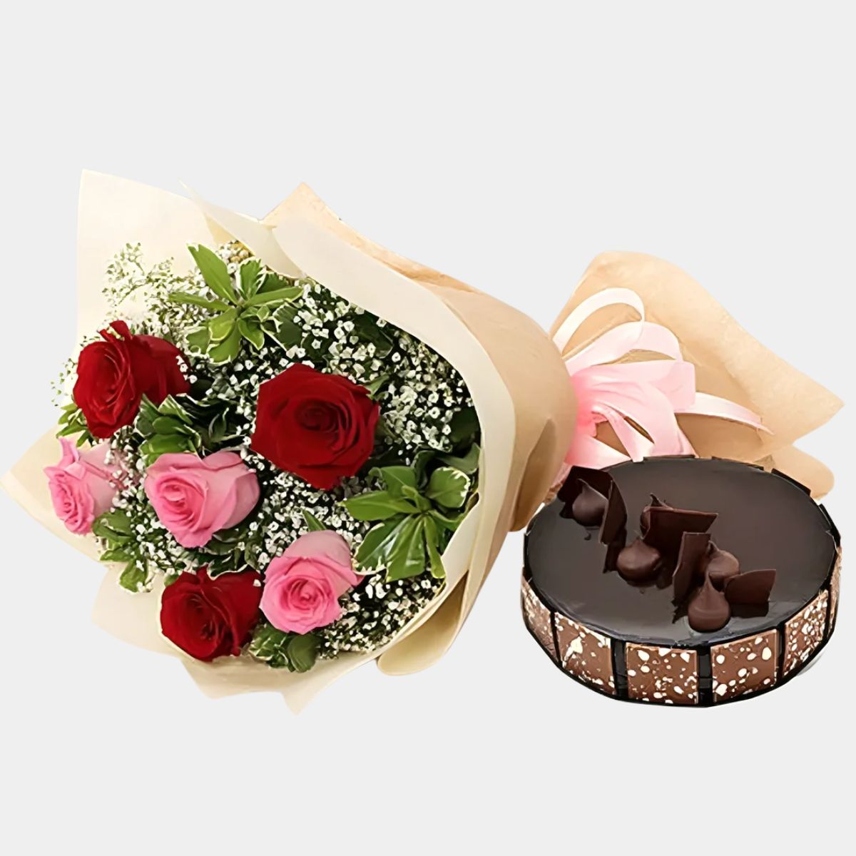 Beautiful Roses Bouquet With Round Chocolate Cake