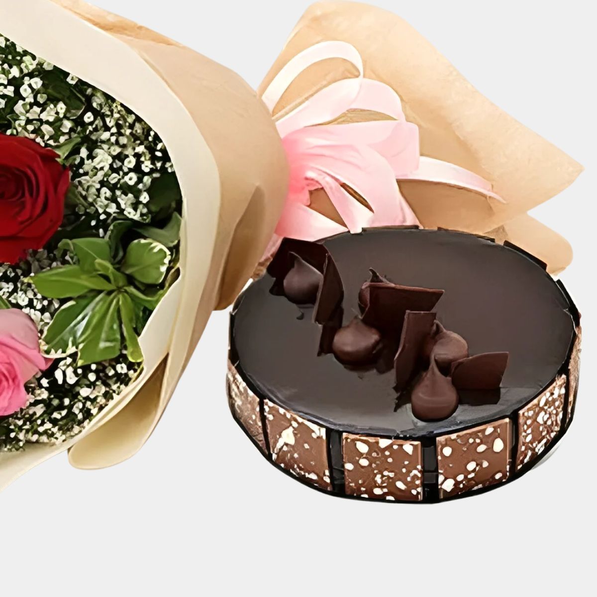 Beautiful Roses Bouquet With Round Chocolate Cake