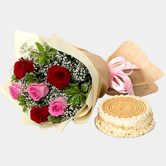Delightful Roses Bouquet With 7 Inch Butterscotch Cake