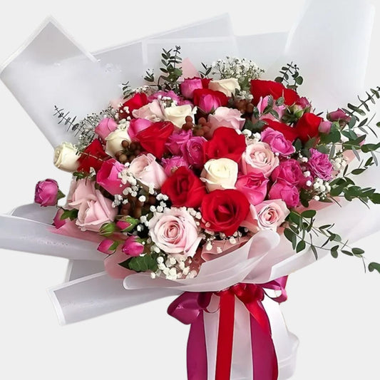 Dreamy 50 Rose Bouquet in Mixed Colors – Red, Pink, and White Roses Elegantly Wrapped