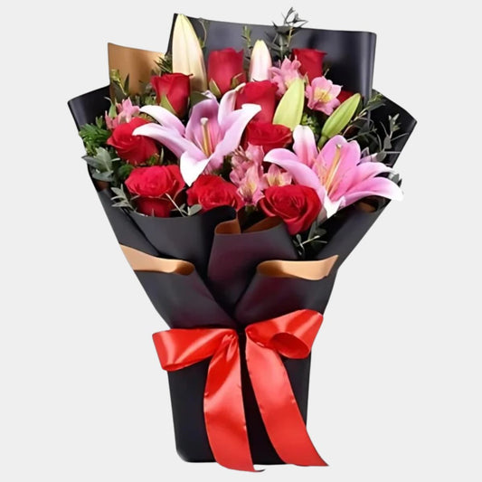 Luxury Red Roses and Pink Lilies in Black Wrap