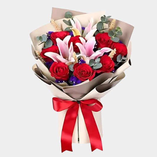 Romantic Red Roses and Lilies Bouquet Elegantly Wrapped