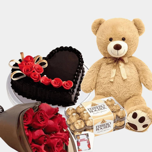Perfect Gift – Heart Chocolate Cake with Rose Bouquet, Teddy & Ferrero Chocolate