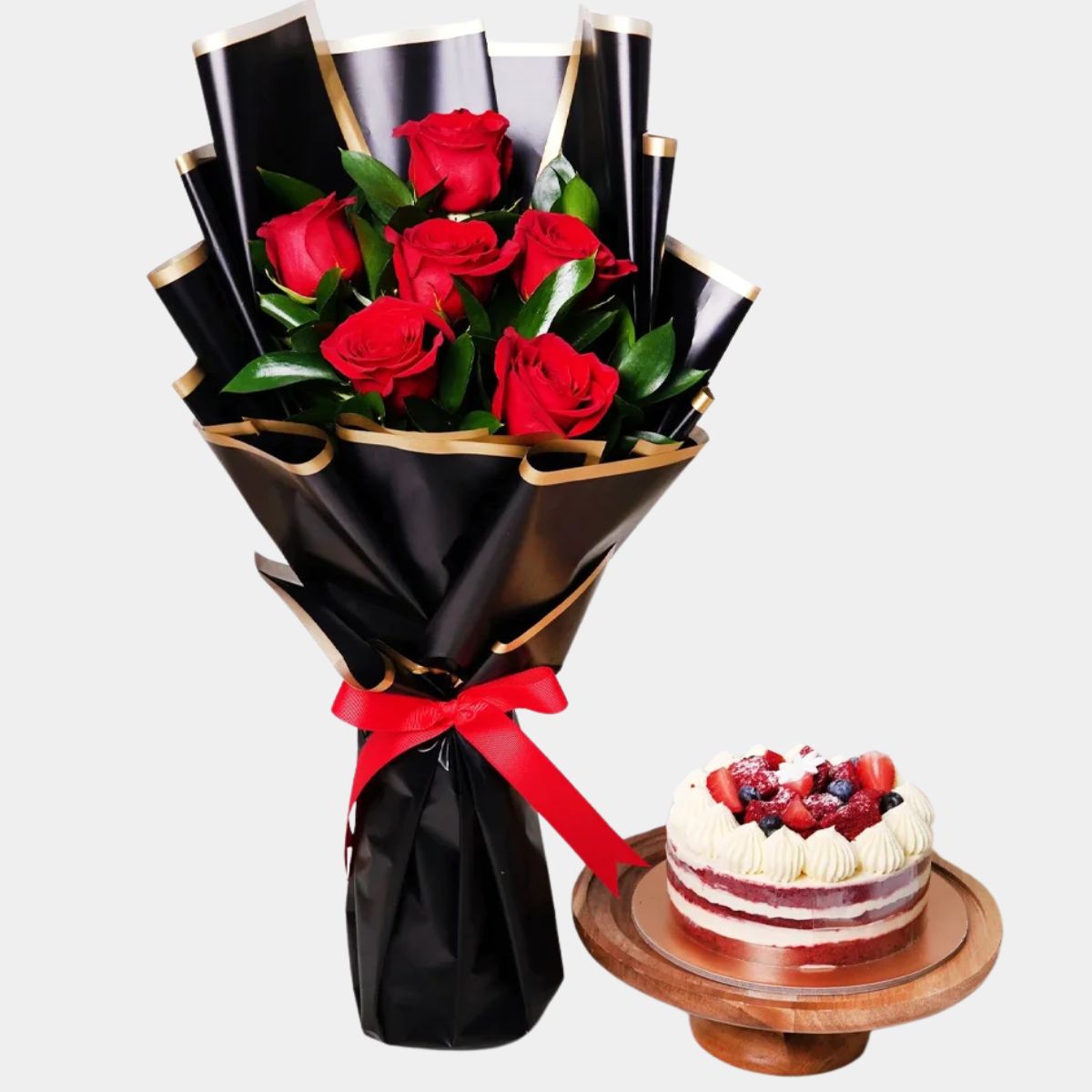 Red Rose Bouquet Black Wrapping with Cake Combo