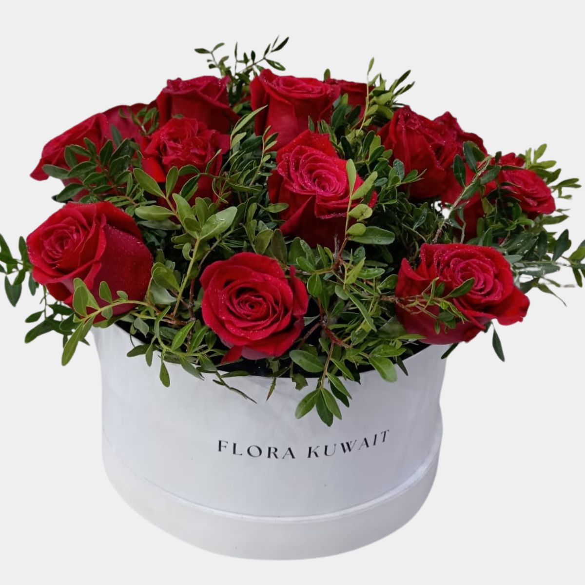 Red Roses with Greens Hatbox