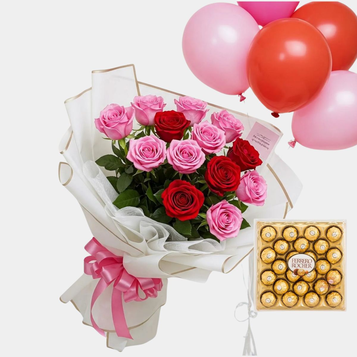Sweet Surprise – Pink & Red Roses with Ferrero & Balloons