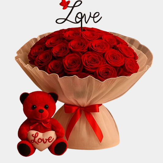 100 Red Roses Bouquet with Cute Teddy Bear Gift