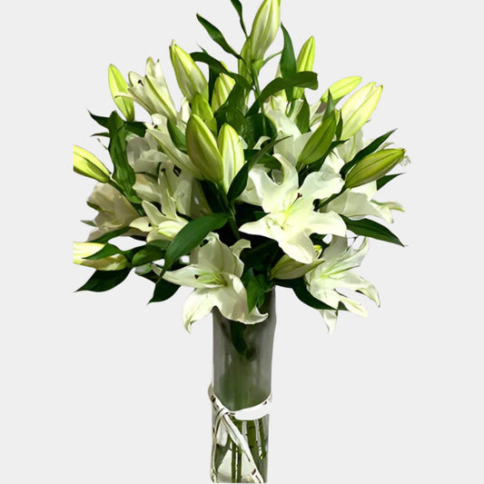 10 White Casablanca Lilies in Glass Vase