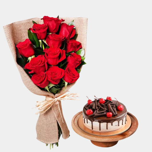 12 Red Roses Bouquet And Black Forest Cake
