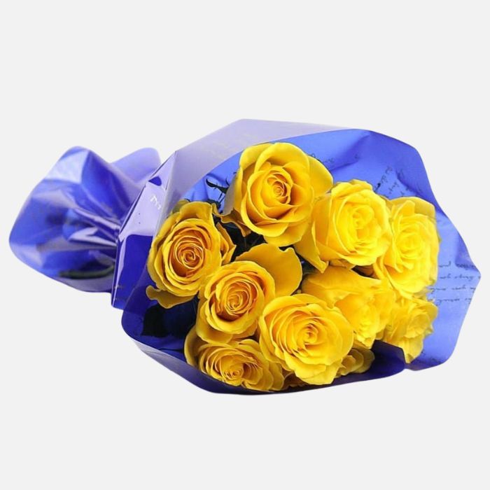 12 Yellow Roses in Blue Wrap