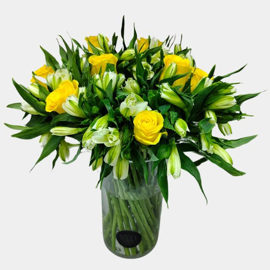 12 Yellow Roses with White Alstroemeria in Glass Vase