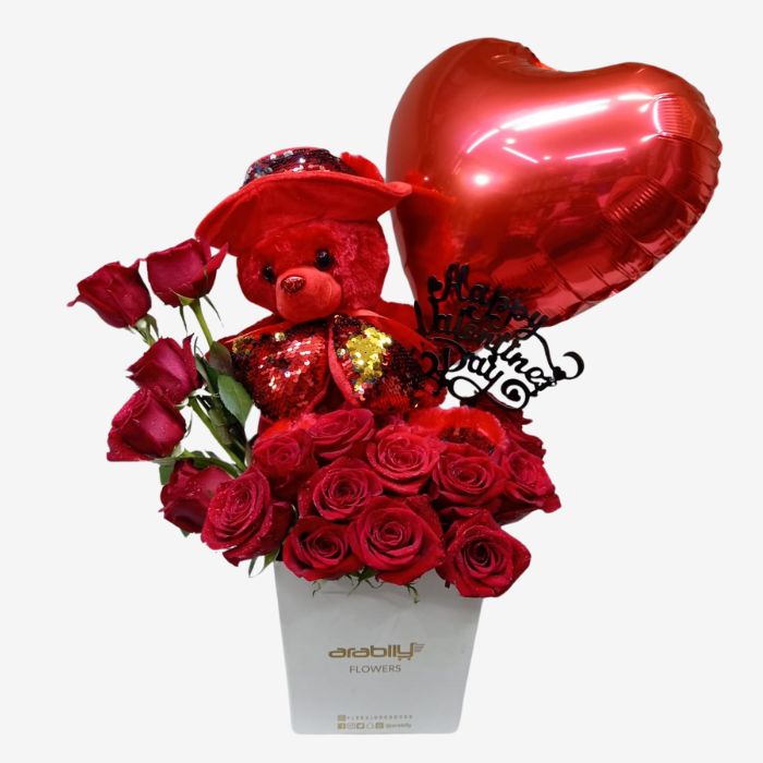 20 Roses with Red Teddy and Heart Balloon