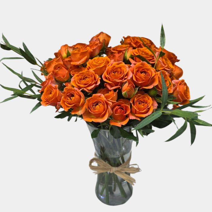 20 Stems Orange Baby Roses in a Glass Vase