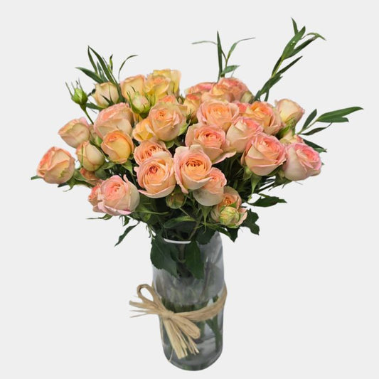 20 Stems Peach Baby Roses in a Glass Vase