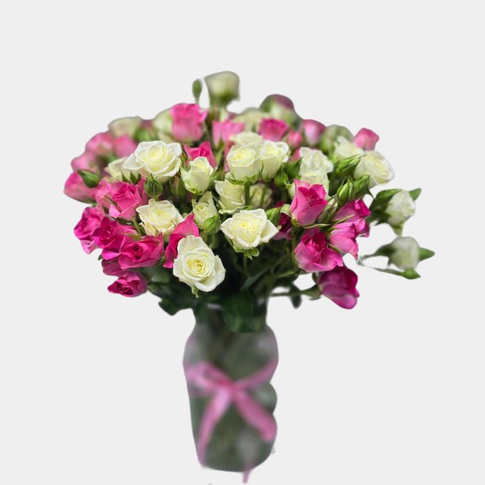 20 Stems Pink and White Baby Roses in a Glass Vase