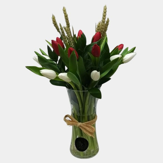 20 Stems Red and White Tulips in Glass Vase