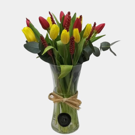 20 Stems Red and Yellow Tulips in Glass Vase