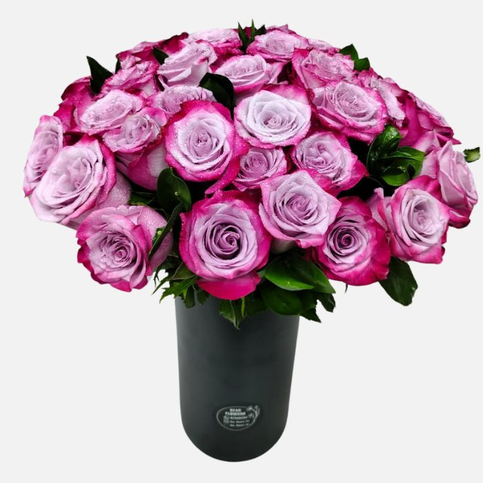 25 Purple Roses in Glass Vase