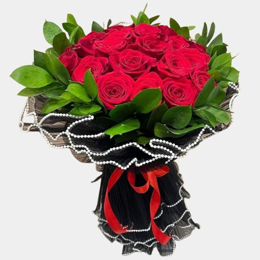 25 Red Roses in Black Wrapping Paper