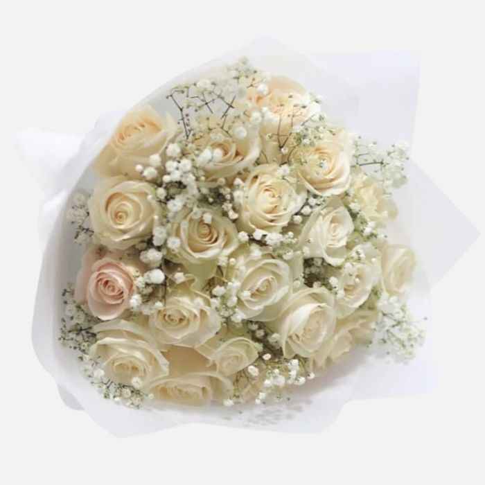 25 White Roses with Baby Breath Bouquet