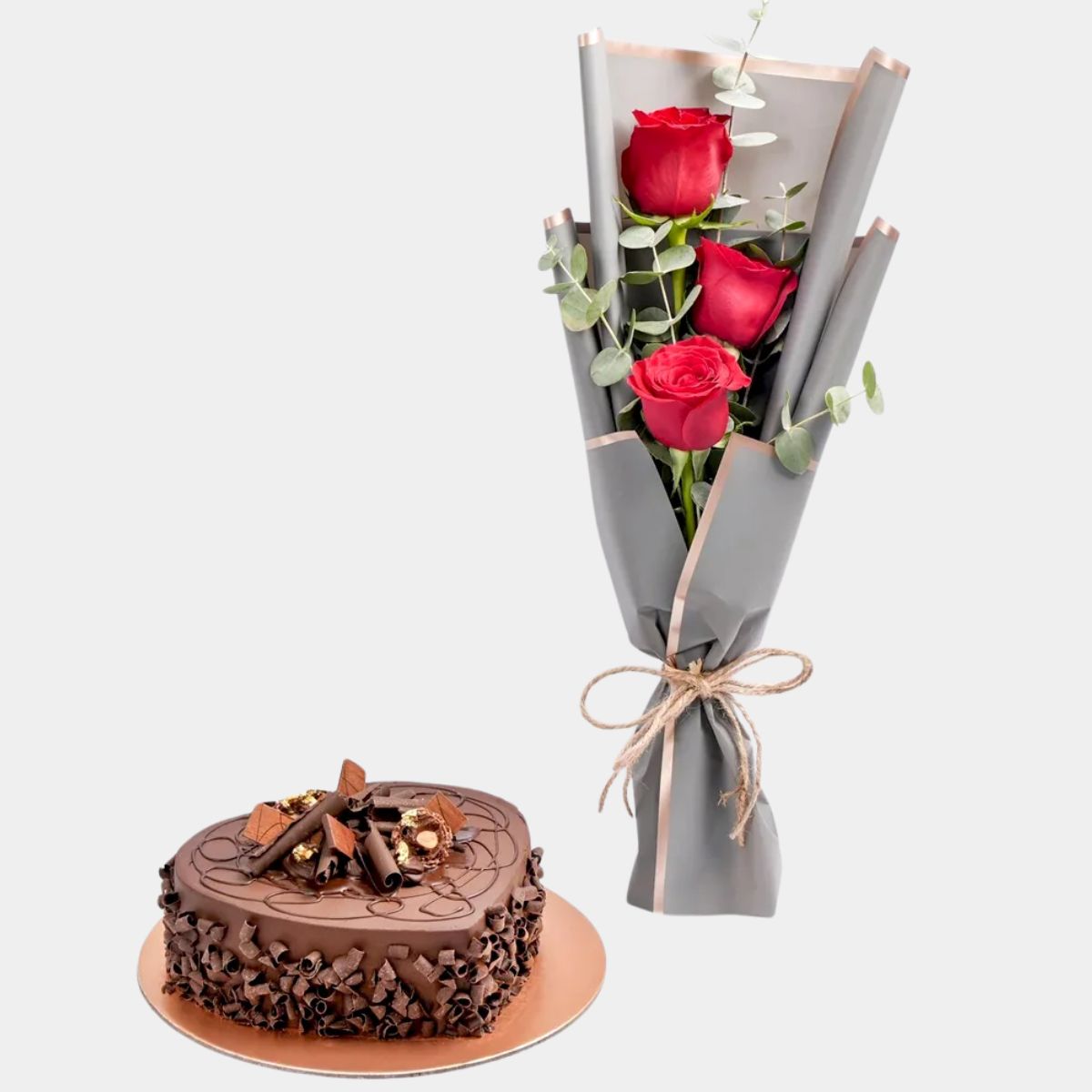 3 Red Roses Bouquet And Chocolate Cake