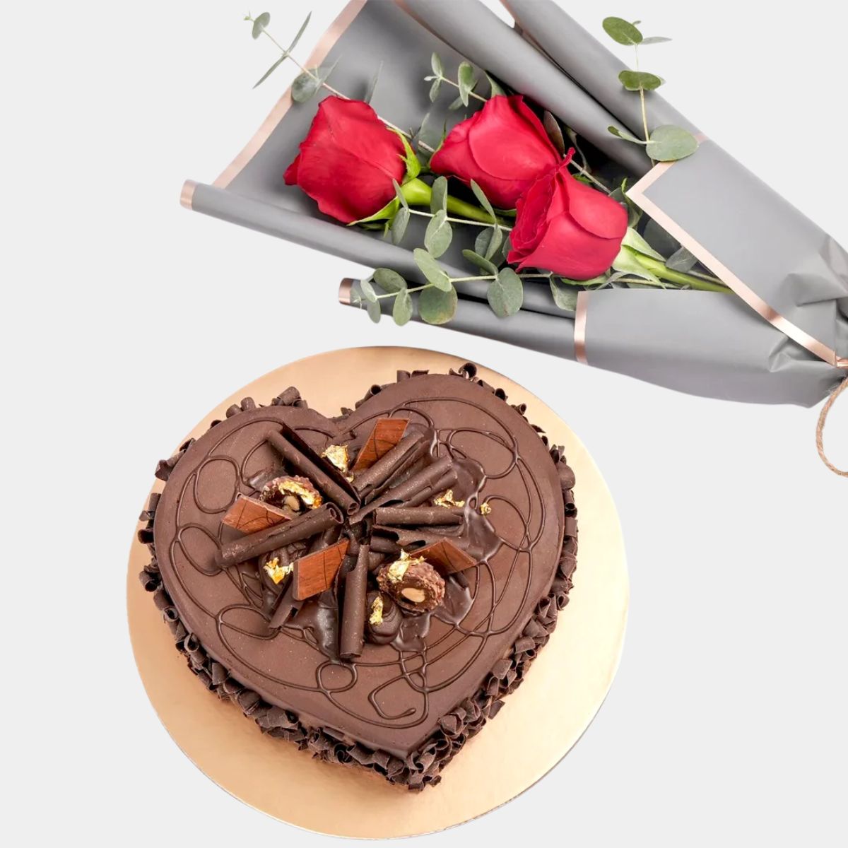 3 Red Roses Bouquet And Chocolate Cake