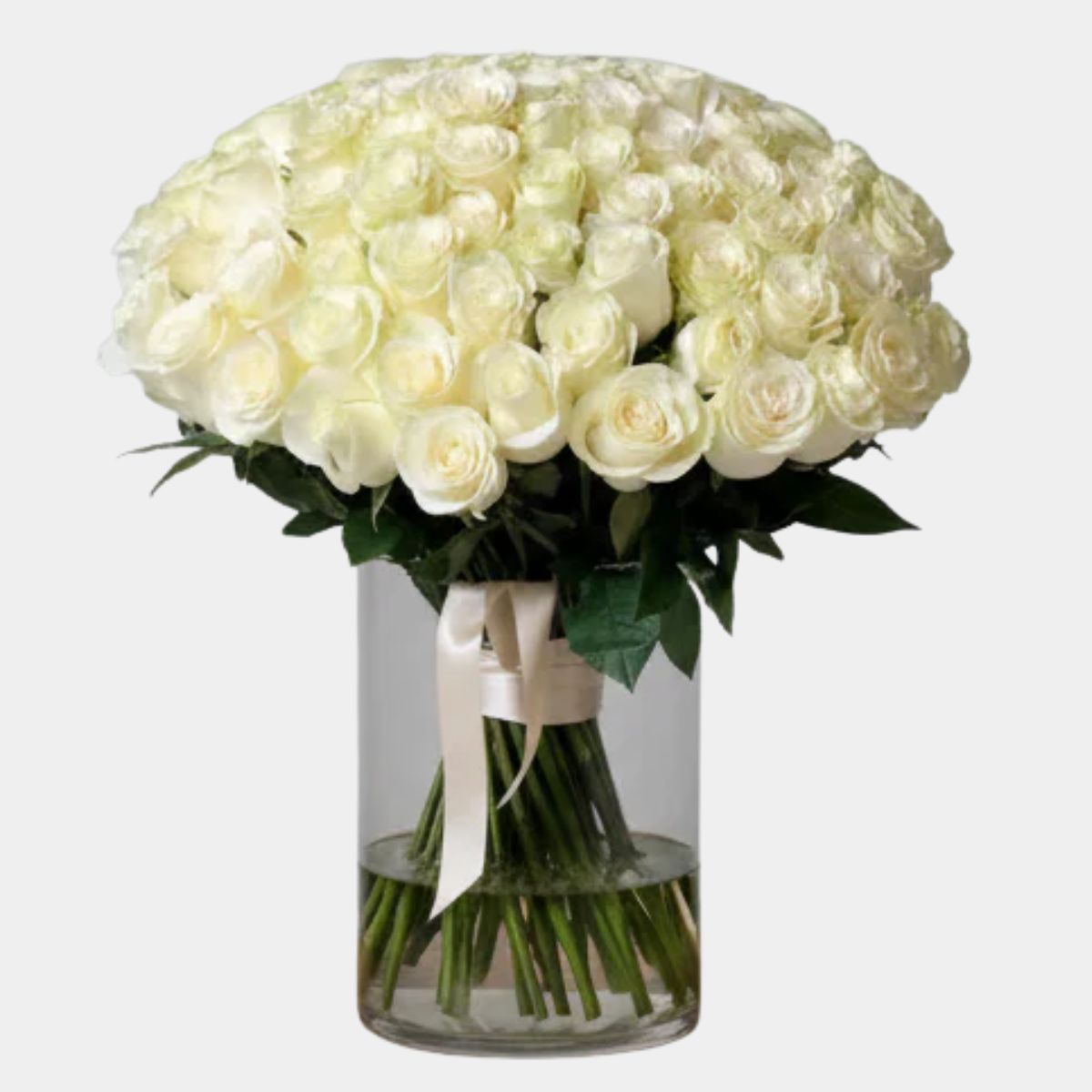 50 White Roses Bouquet in Clear Vase