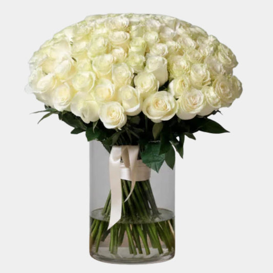 50 White Roses Bouquet in Clear Vase