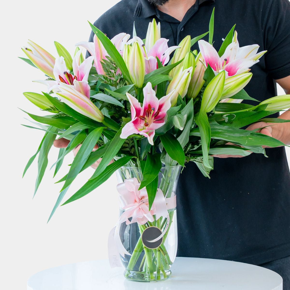 15 Pink Lilies in Glass Vase