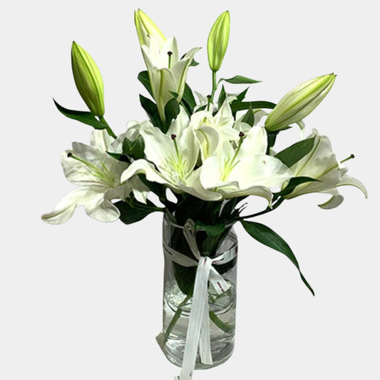 5 White Casablanca Lilies in Glass Vase