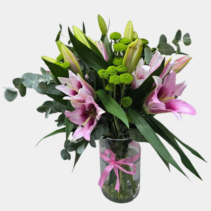 6 Stems Pink Lilies with Greens in Glass Vase