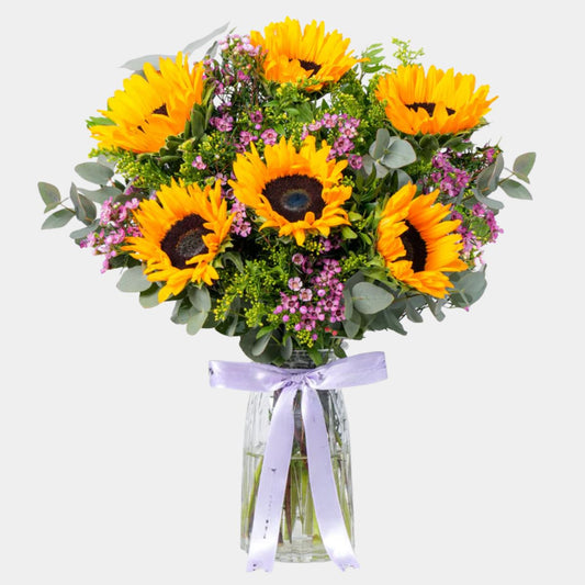 مزهرية زجاجية مزينة بزهرة عباد الشمس