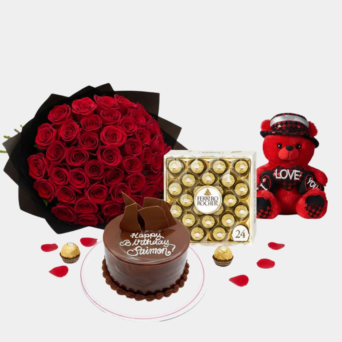 Forever Love Combo - 50 Roses, Cake, Ferrero Rocher & Teddy