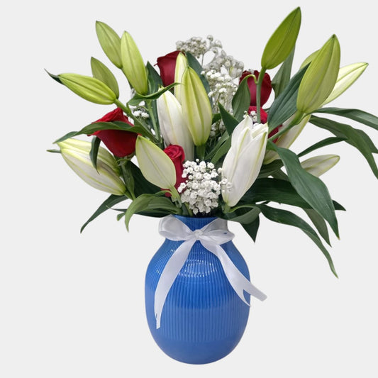 Lily and Roses in Blue Vase