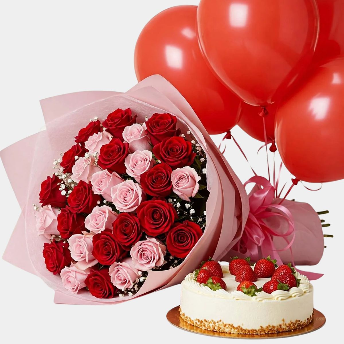 Blushing Celebration Combo – Roses, Cake & Balloons Gift Set