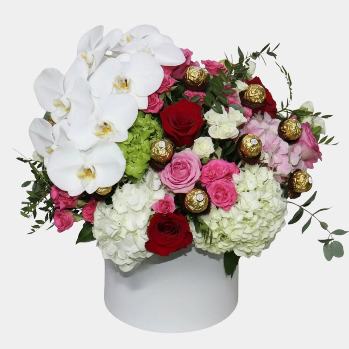 Luxury Round Box Mixed Flowers with Roses & Orchids