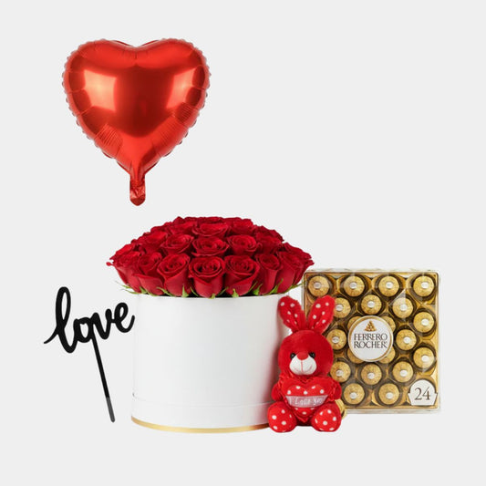 Midnight Romance Luxury Box - Roses, Chocolates, Teddy & Balloon