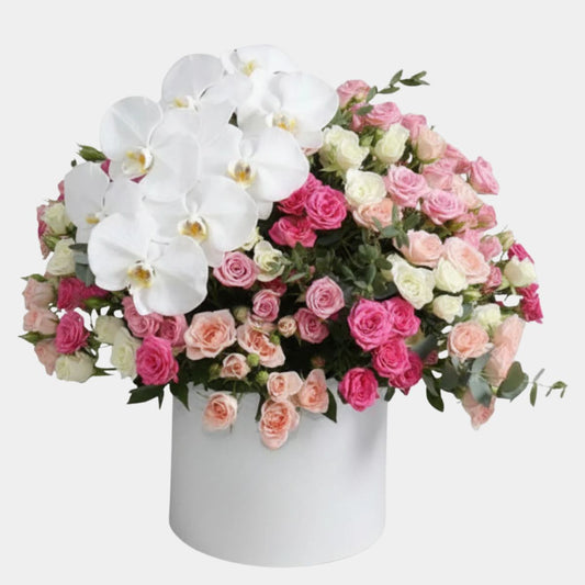 Mixed Pink Roses & White Orchids Flower Box