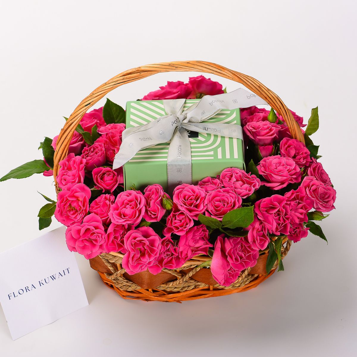 Dark Pink Baby Roses and Patchi Chocolate in Basket