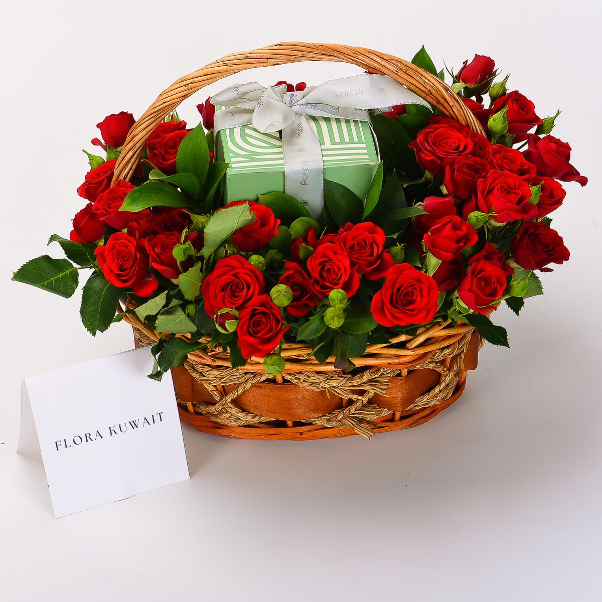 Red Baby Roses and Patchi Chocolate in Basket