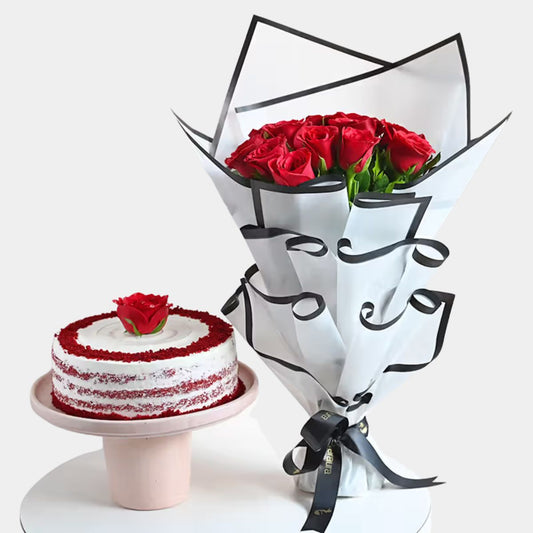 Red Roses With Delicious Red Velvet Cake