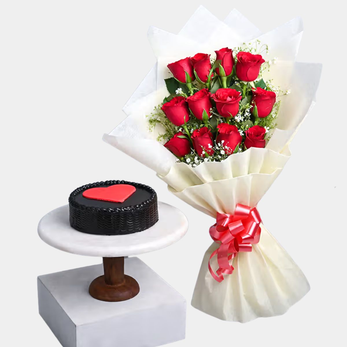 Red Roses and Red Heart Cake