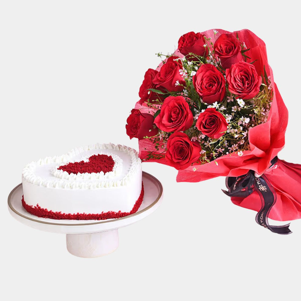 Red Roses and Red Velvet Heart Cake | FloraKuwait.com