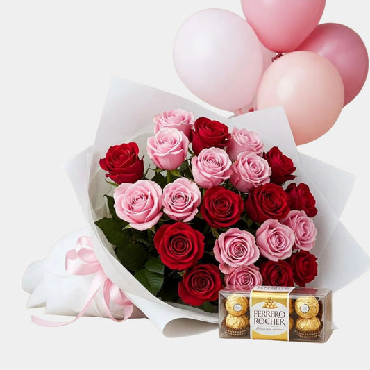 Sweet Embrace – Pink & Red Roses with Chocolates & Balloons