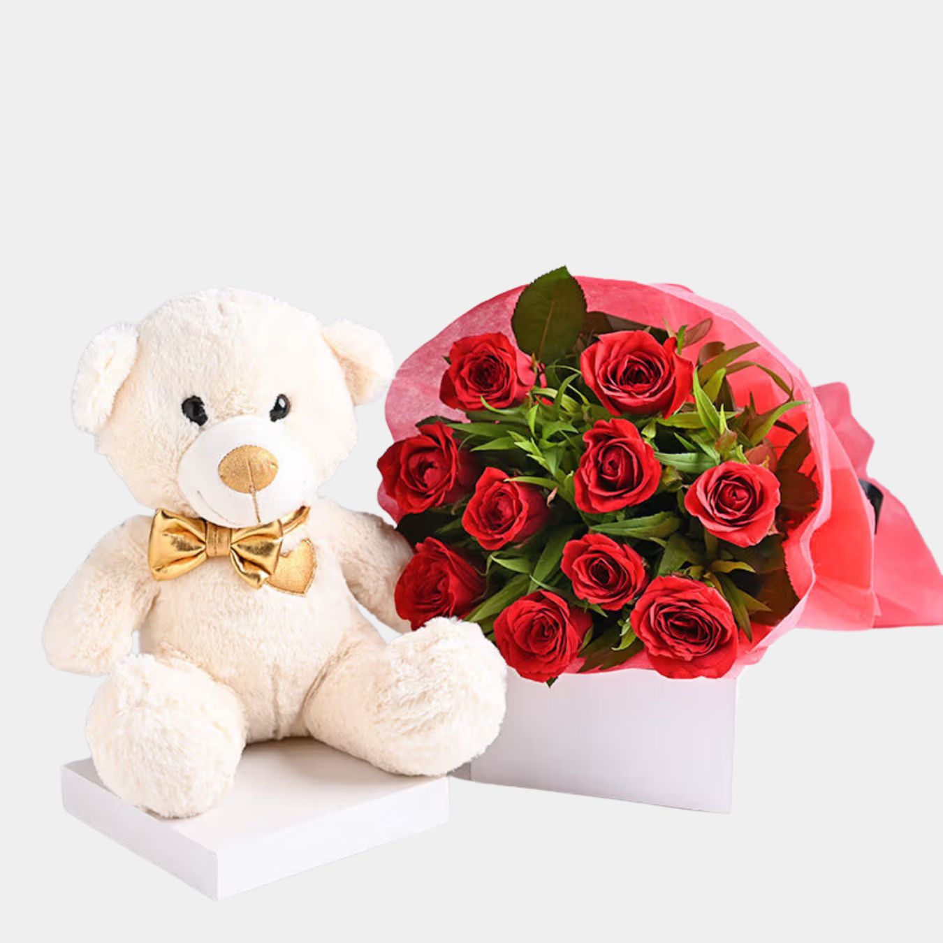 Teddy Love With Red Roses Bouquet