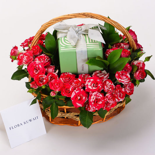 Tiger Pink Baby Roses and Patchi Chocolate in Basket