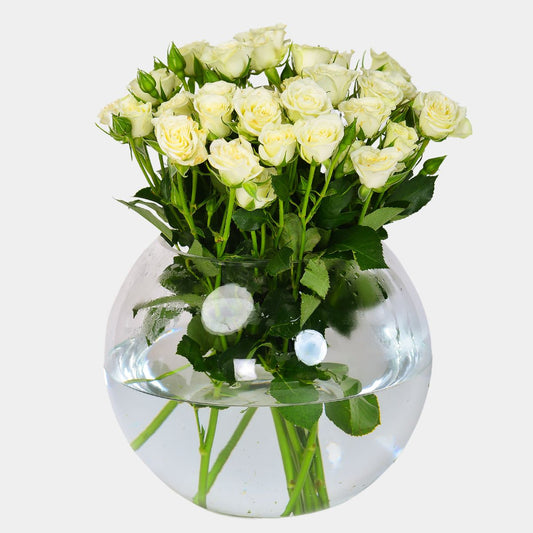 White Baby Roses Round Vase